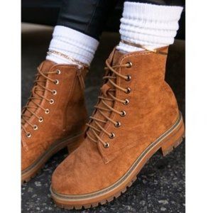 Chestnut Vegan Suede Lace Up Lug Sole Boots